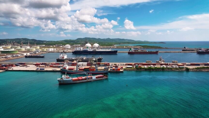 View of Wilfred "Bomba" Allick Port and Transshipment Center, a key infrastructural asset in the USVI's South Shore Trade Zone on St. Croix. --Photo credit: Benjamin Garcia, Vivid Productions